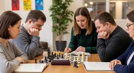 Fototapeta premium a group of people sitting around a table with a chess board group of people people sitting table wit