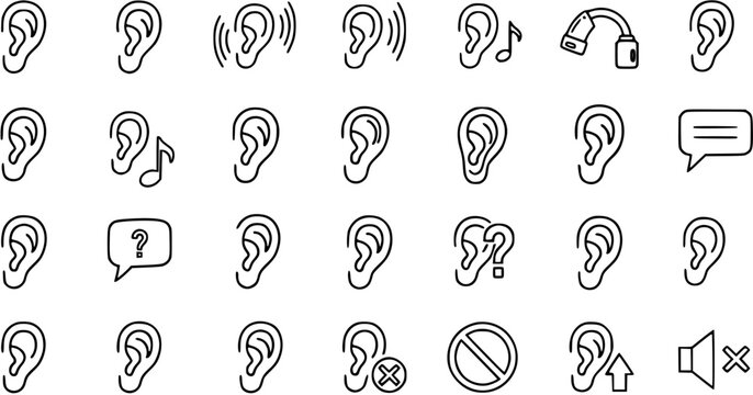 Ear and Hearing Outline Icons Set. Black and White Line Art Collection of Human Ear, Listening, Sound, Volume, Communication, and Medical Hearing Aid Symbols.