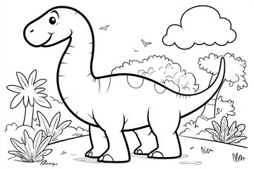 Charming Cartoon Dinosaur Brontosaurus in a Beautifully Outlined Forest Landscape Illustration
