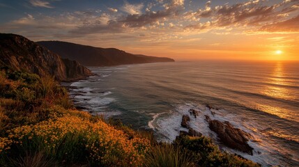 Obraz premium Breathtaking Coastal Sunset Over Pacific Ocean Cliffs