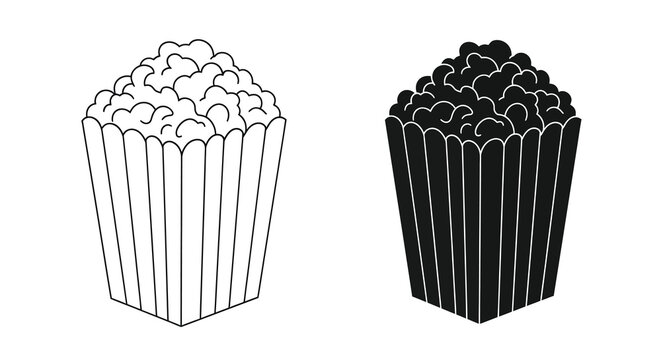 A simple black and white illustration depicts two overflowing containers filled with fluffy popcorn kernels side by side high quality professional