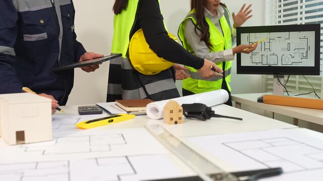 Engineer teams meeting working together wear worker helmets hardhat on construction site in modern city.Asian industry professional team.