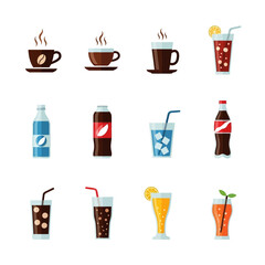 Fototapeta premium Hot Coffee and Cold Drinks Icons Set: Espresso, Soda, Juice, Water, Cola