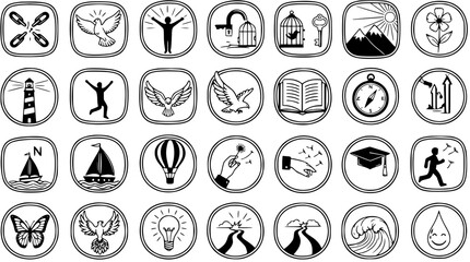 Black and White Line Art Conceptual Icons Set for Personal Growth, Self-Improvement, Business Development, Freedom, and Inspiration Themes. © pixsource