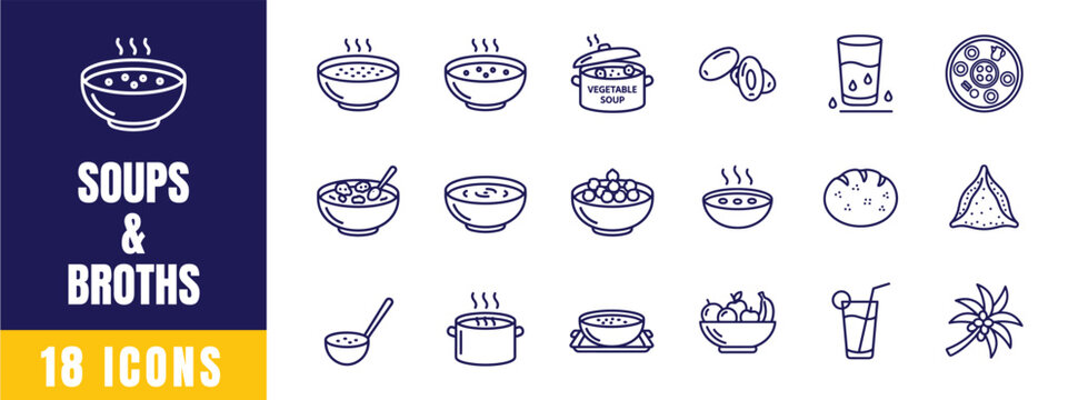 Soups and Broths Food Line Icon Set &mdash; Hot Soup Bowl, Ramen, Broth Cup, Ladle, Steam Outline Vector