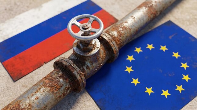 Rusty pipeline valve on European and Russian flags symbolizing energy politics