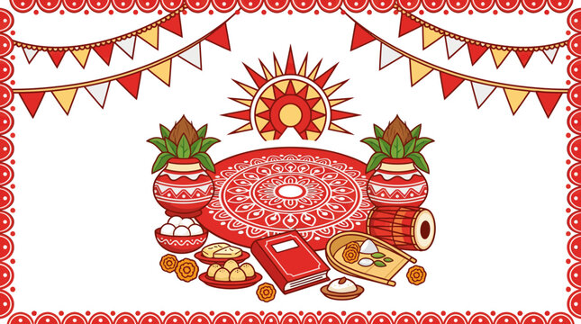 Bengali New Year celebration with Alpona, Kalash, Hal Khata, and sweets illustration.