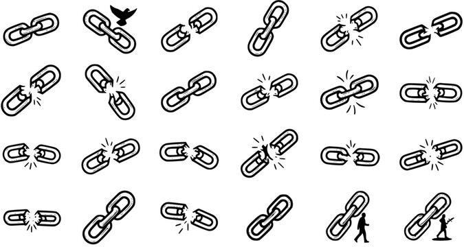 Hand-drawn Line Art Icons of Chain and Broken Link for Abstract Concepts of Strength, Weakness, and Freedom