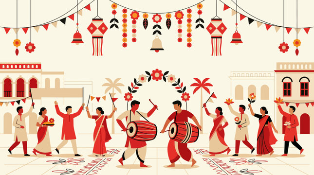 Traditional Indian street festival illustration with people playing drums and festive decorations.