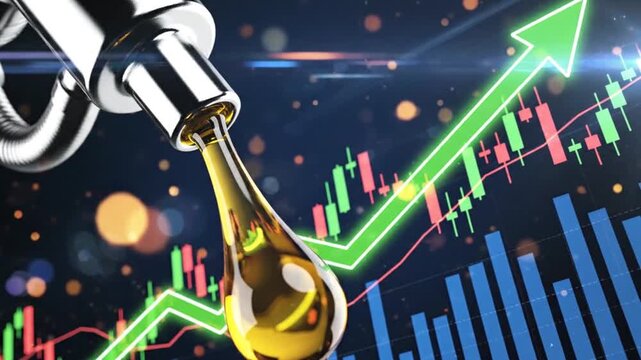Golden oil drop falling with dynamic stock market graph and arrow showing upward trend symbolizing rising prices and investment growth footage