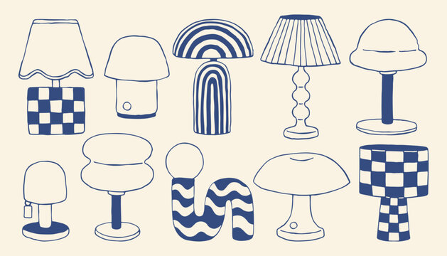 Light mediterranean set. Collection of modern hand drawn table lamps. Checkered, striped, wavy designs in a minimalist blue line art style for contemporary interior decor, branding, and graphics