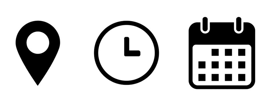 date time location notification icon set. Address, time, calendar bell notification icons collection. Clock, Address location and date Calendar symbol