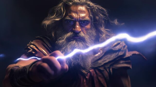 Zeus generates powerful lightning bolts in dramatic display of strength and energy in dark setting