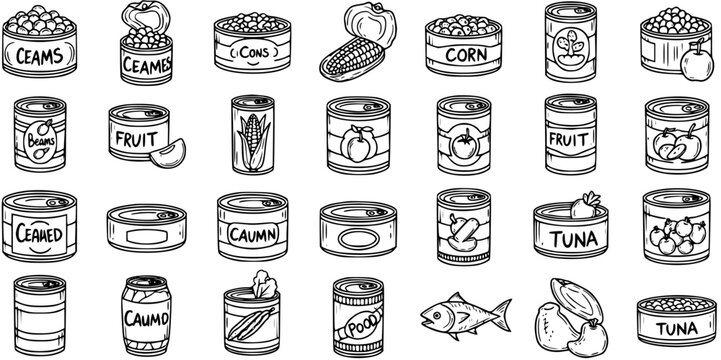 Canned Food and Preserved Goods Black and White Line Art Icon Set for Grocery Store and Supermarket Industry
