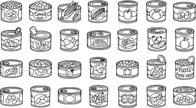 Food Industry Canned Goods Black and White Line Art Icons Set. Outline Drawing of Various Food Tins: Vegetables, Tuna, Soup, Fruit, and Pasta Sauce.