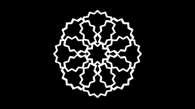 An intricate white circular mandala or snowflake pattern displays complex symmetry and artistic detail against a stark and deep black background