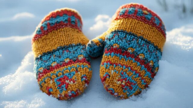 Cozy, handmade woolen mittens with a colorful pattern resting on fresh white snow on a sunny day