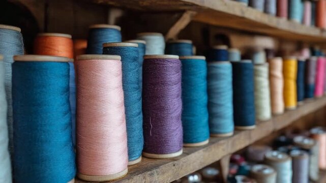 Colorful cotton thread spools organized on a wooden shelf in a tailor's workshop or factory