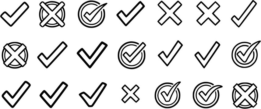 Black and White Line Art Icons: Checkmarks and Crosses for Voting, Approval, Rejection, and Options