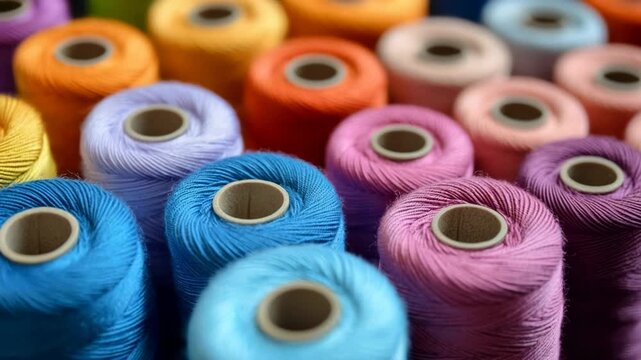 Multiple colorful sewing thread spools creating a vibrant textured background for tailoring and fashion