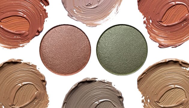 Swatches of bronzer and concealer with two round eye shadow pans on white backdrop