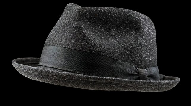 A classic gray felt hat with a wide brim and indented crown sits against a black background.