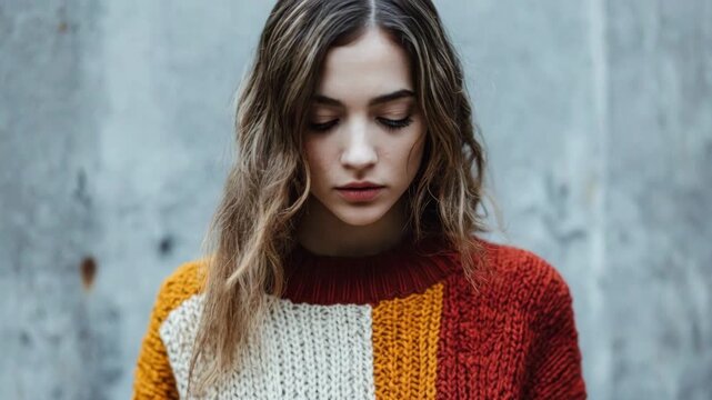 Beautiful young woman with a thoughtful expression slowly looks up while wearing a chunky knit sweater