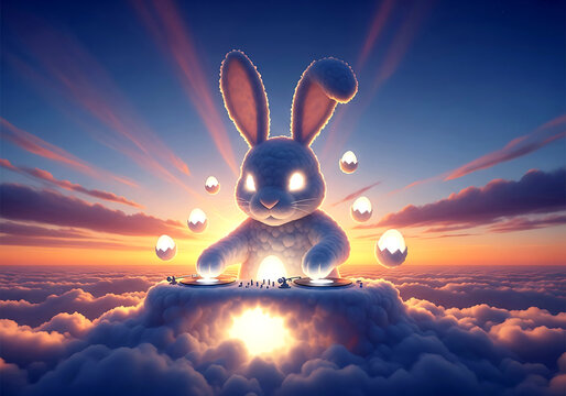 An ethereal easter bunny performing as a professional dj on a cloud stage during a vibrant sunset sky