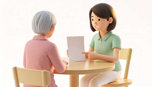 介護サービスの計画書を一緒に確認する高齢者とスタッフの3Dイラスト