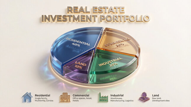 Real estate portfolio allocation infographic. Glass pie chart breaks down portfolio into residential 40 percent, commercial 30, industrial 20, land 10 for investment strategy, finance education
