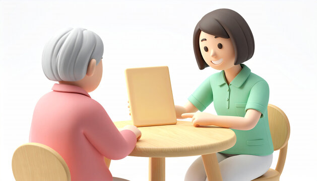 ケアマネージャーからケアプランの説明を受けるシニア女性の3Dクレイモデル