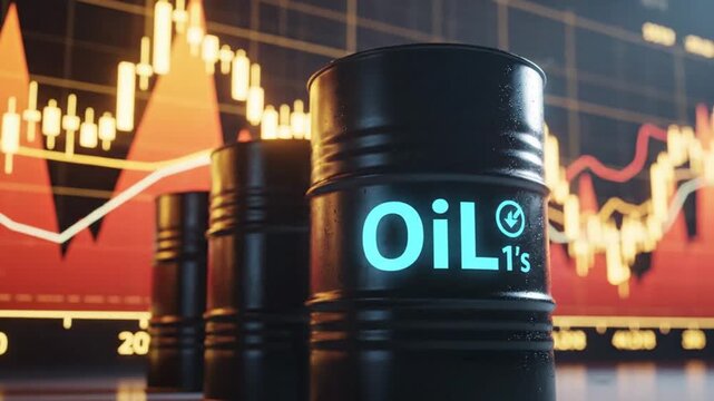Dynamic digital animation depicts fluctuating oil prices on stock market charts with prominent barrels symbolizing commodity trading and financial investment opportunities in energy sector