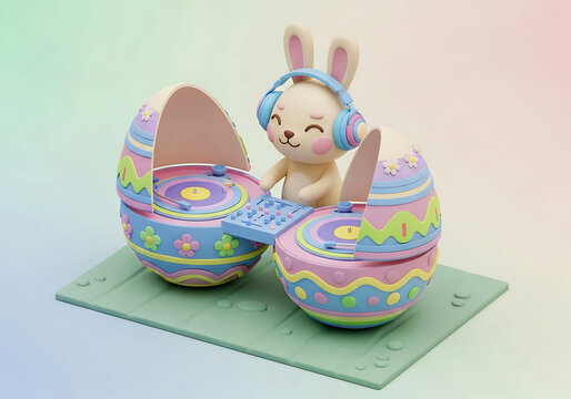 Cute easter bunny performing as a professional dj with colorful egg turntables in a festive spring party celebration