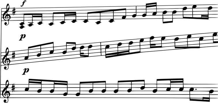 Sheet Music Notation with Musical Notes and Staff Lines, Classic Music Score, Black and White Line Art