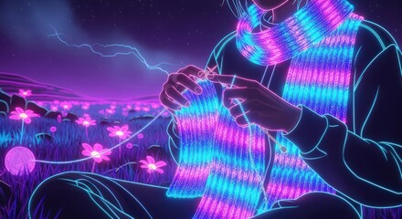 Obraz premium Neon Knitting Woman in Magical Flower Field at Night