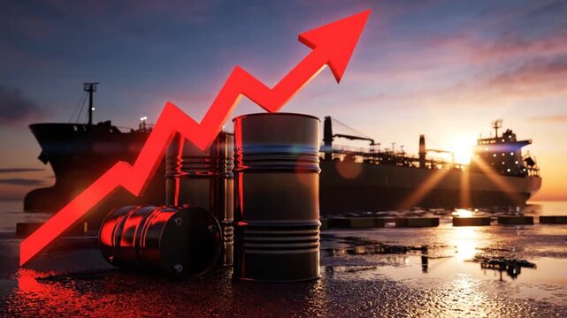 Rising oil prices global economy finance growth barrels oil tanker ship sunset background cinematic footage dynamic motion