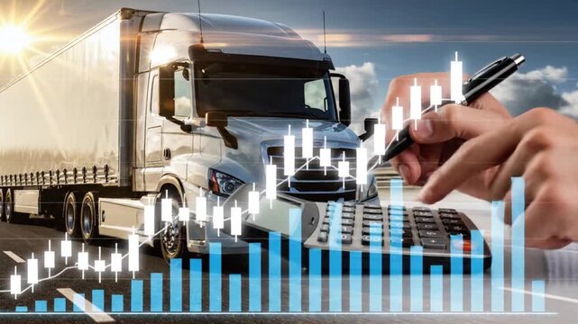 Trucking logistics financial analysis showing growth charts and calculator with hand writing data for business and cargo transportation planning on highway