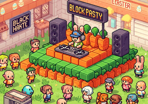 Pixel art easter celebration featuring a cool rabbit dj playing music on a stage made of orange blocks and green grass