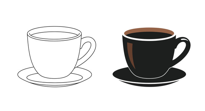 A comparative illustration depicts a coffee cup in both a line drawing and a solid black rendition high quality