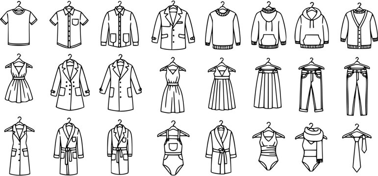 Black and White Line Art Collection of Fashion Clothes and Apparel Icons