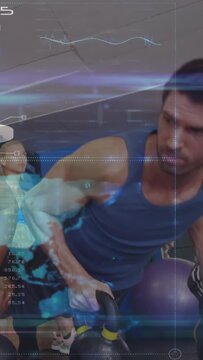 Vertical video: Man pulling kettlebell row after coach cue in small gym, HUD overlay tracking form