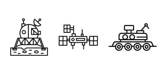 Space Rover, Lander and Solar Station Line Icon Set — Lunar Vehicle, Satellite Outline Symbol Vector © muhammad
