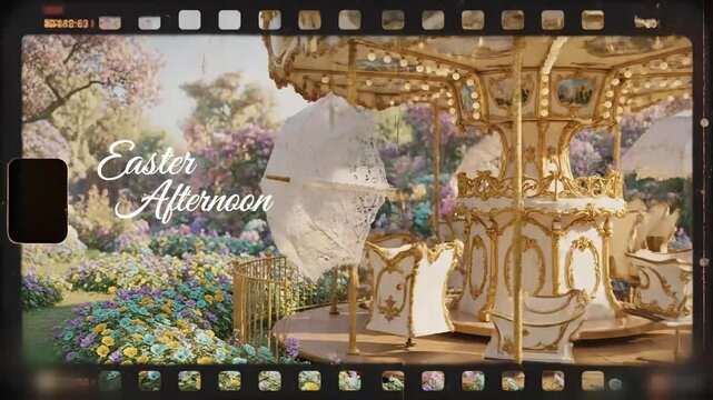 Carousel of lace parasols opening in sequence above a pastel garden with a gentle panoramic move