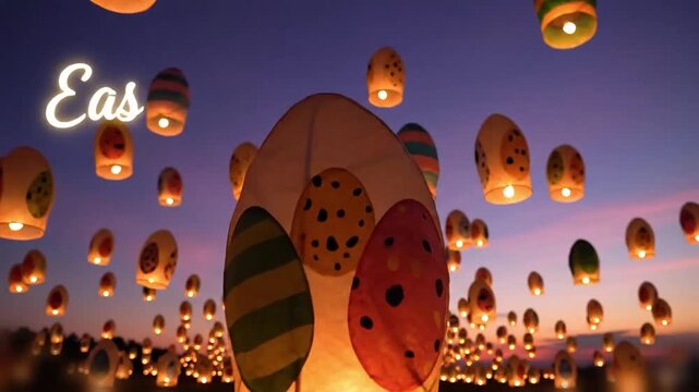 Floating paper lanterns each holding painted egg silhouettes rise in a twilight palette with soft camera lift