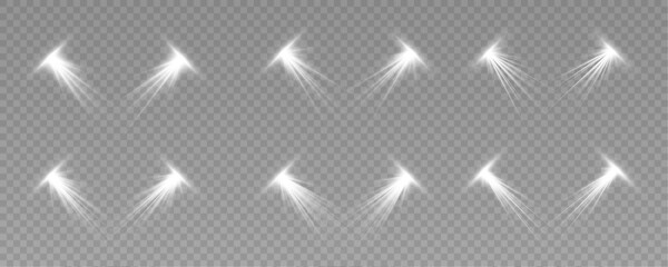 Obraz premium White stage spotlight set with radiant rays and glowing flare. Multiple lights create realistic concert and event illumination. Ideal for vector art, digital design, or overlays. 