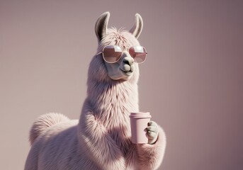 Fototapeta premium Cool llama wearing sunglasses holding a coffee cup against a soft pink background