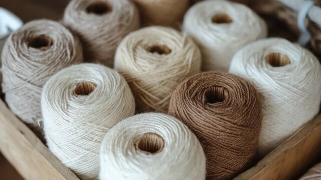 Assortment of natural wool yarn spools in neutral colors organized inside a wooden box
