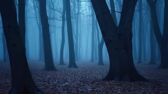 Dense forest scene with tall, bare trees shrouded in blue mist, leaves on the ground