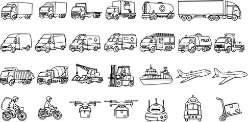 Black and White Line Art Icons of Various Transportation and Delivery Vehicles © pixsource
