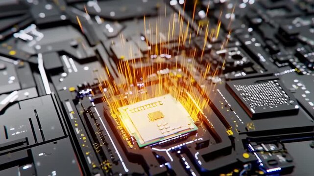 A detailed image of a central processing unit (CPU) with glowing energy lines emanating